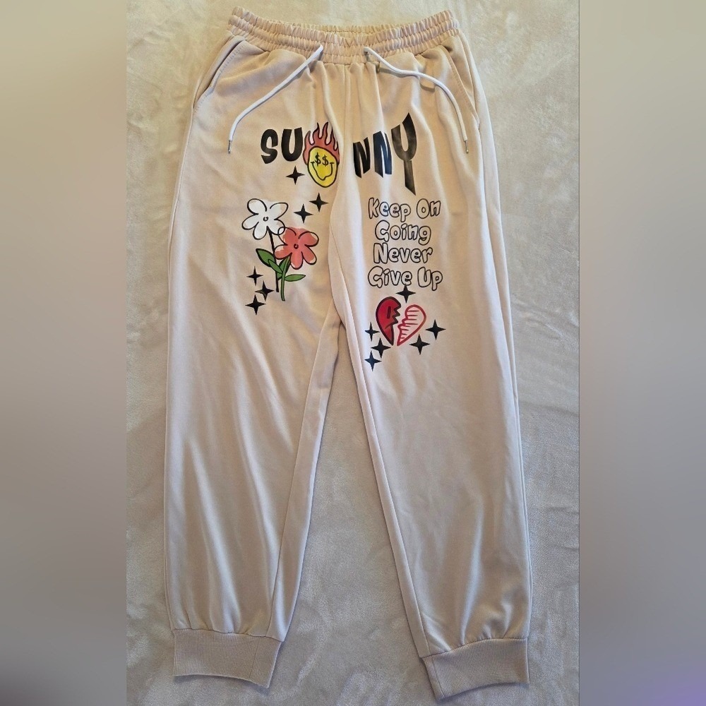 Romwe Unisex Graphic Jogger Sweatpants Beige Y2K Streetwear‎ Size Medium